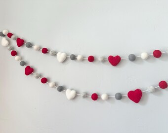Customizable Wool Heart Garland - Red Heather Gray Grey White Felt Ball Valentine Day Bunting - Felted Seasonal Class Banner Wall Decor
