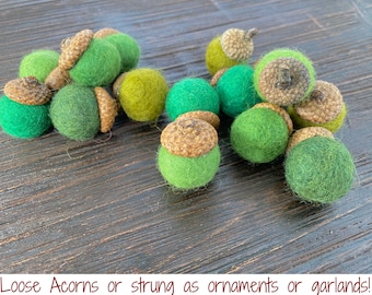 Customizeable Green Felted Acorns - Felt Acorn Garland, Felt Acorn Ornaments, or Loose Felt Acorn Set - Woodland Nursery - Fall Accent Decor