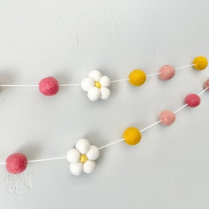 White Daisy Garland - Shades of Pink & Gold Felt Balls on Floral Banner - Summery Tiered Tray - Summer or Spring Birthday Party Decor