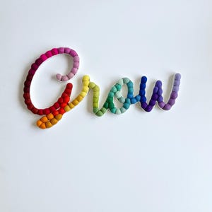 May include: A wall-mounted sign spelling the word Grow in cursive script, constructed from small, spherical felt balls. The letters feature a vibrant rainbow gradient, transitioning from deep pink and red to orange, yellow, green, blue, and purple.