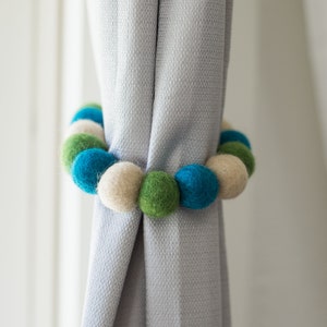 Custom Blue & Green Curtain Tie Backs - Felt Ball Gender Neutral Woodland Baby Nursery Decor - Set of Drapery Pull Backs in Forest and Ocean