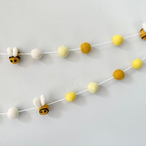 Bright Bumble Bee Garland - Gold Yellows White Felt Ball Honey Bee Banner - Summery Tiered Tray - Summer or Spring Birthday Party Decor