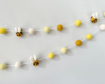 Bright Bumble Bee Garland - Gold Yellows White Felt Ball Honey Bee Banner - Summery Tiered Tray - Summer or Spring Birthday Party Decor