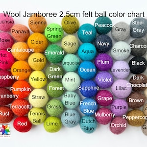 May include: Color chart of 72 felt balls, each 2.5 cm in diameter, arranged in rows. The balls are in various colors, including fuchsia, papaya, spring green, teal, navy, plum, orange, yellow, mint, violet, cranberry, straw, baby blue, grape, terracotta, tennis ball, lime, and more.