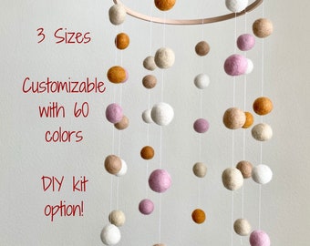 Customizable Felt Ball Ceiling Mobile in Sienna Cream Baby Pink Almond White - Custom Nursery Decor - Trendy Baby Girl Room - DIY Kit Option