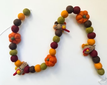 Customizable Thanksgiving Garland - Felt Turkey Day Decor - Autumn Colors w/ Orange Pumpkins Felt Ball Bunting - Fall Harvest Gourd Banner