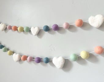 Customizable Wool Heart Garland - Pastel Rainbow Felt Balls with White Heart Valentine Day Bunting - Felted Seasonal Class Banner Wall Decor