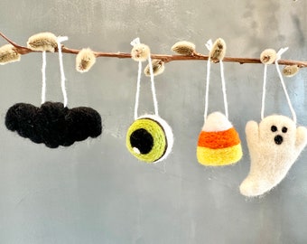 Felt Halloween Ornaments - Candy Corn, White Ghost, 3 Colors of Eyeball, Black Bat Wool Felted Ornament - Loose Shaped Pom for Fall Decor