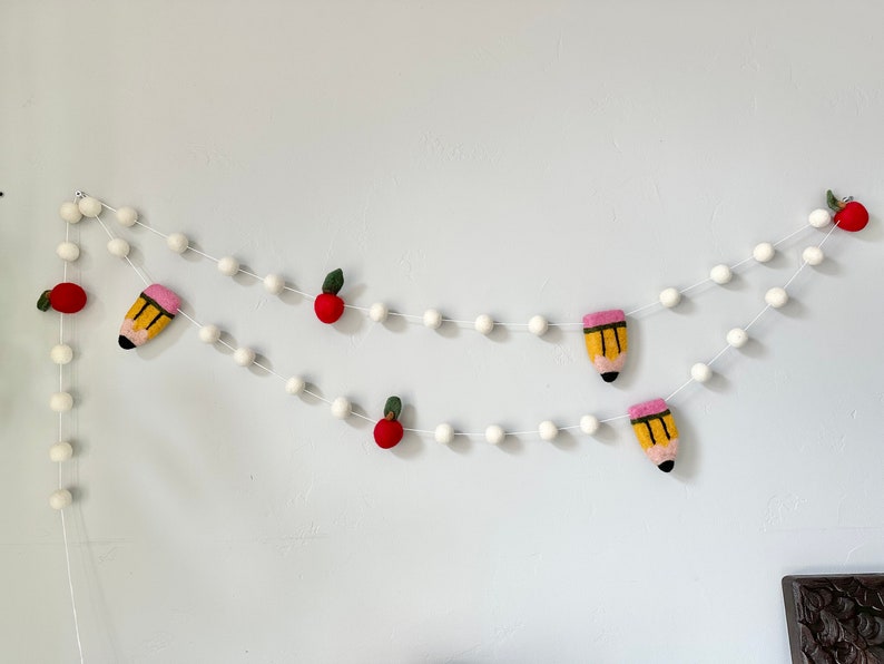 Customizable Pencil & Apple Garland - Back to School Felt Ball Banner - Classroom Party Decor - Wool Felted New Teachers Christmas Gift image 10