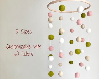 Customizable Felt Ball Ceiling Mobile - Baby's Room Nursery Decor - Custom DIY Kit Option in Salmon (Blush) Cream Olive White - Boho Girl