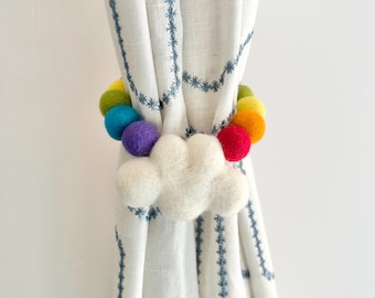 Customizable Cloud Curtain Tie Backs - Felt Ball Curtain Ties - Sky Nursery Decor - Rainbow Drapery Pull - 3D Felted Puffy Cloud with Poms