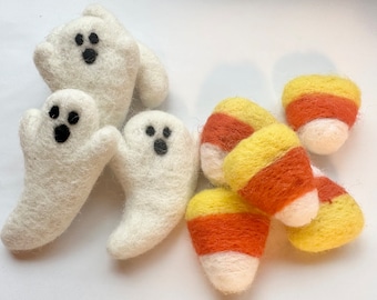 Felted Halloween Pet Toys - Handmade Wool Felt Candy Corn and/or Ghosts for Cat's Catnip Playtime - Loose Shape Pom - Fall Montessori Play