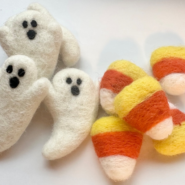Felted Halloween Pet Toys - Handmade Wool Felt Candy Corn and/or Ghosts for Cat's Catnip Playtime - Loose Shape Pom - Fall Montessori Play