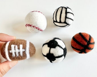 Sports Loose Felt Ball - Wool Felted Football, Soccer Ball, Volleyball, Basketball, Baseball - Sold as Single or Set - Boys Room DIY Garland