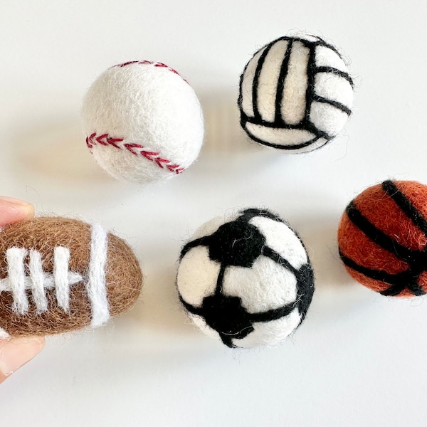 Sports Loose Felt Ball - Wool Felted Football, Soccer Ball, Volleyball, Basketball, Baseball - Sold as Single or Set - Boys Room DIY Garland