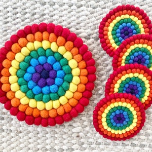 Rainbow Felt Ball Trivet & Coasters - SOLD INDIVIDUALLY - Colorful wool coasters and/or pad - Rainbow Pom Housewarming Trivet - Fun Kitchen