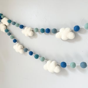 Customizable Cloud Garland - Blue Sky Themed Felt Ball Mantel Banner - Spring or Summer Bunting Party Decor - Solid Wool Felted Pom Clouds