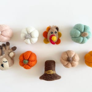 May include: A collection of felt ornaments for Thanksgiving, including a turkey, pumpkins, a deer, a pilgrim hat, and a white pumpkin.
