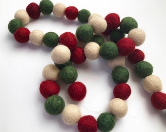 Customizable Christmas Felt Ball Garland - Cranberry Dark Green Cream - Deep Tone Holiday Decor - Xmas Tree 2.5 cm Pom Garland Tree Trimming