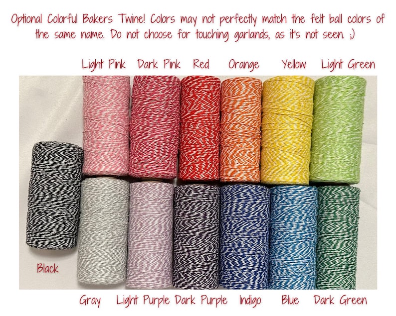May include: Assortment of bakers twine in various colors, including black, gray, light pink, dark pink, red, orange, yellow, light green, light purple, dark purple, indigo, blue, and dark green. The twine is wound around spools.