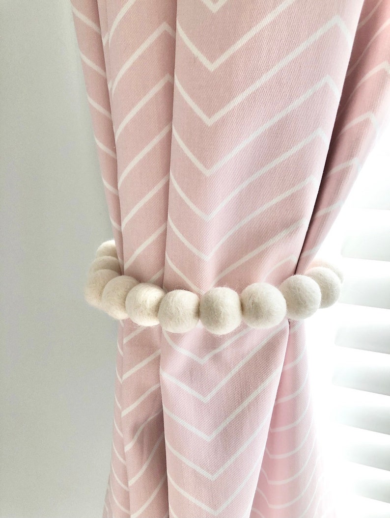 CUSTOMIZABLE Solid White Curtain Tie Backs Felt Ball Curtain Ties Neutral Baby Nursery Decor Set of White Felt Drapery Pull Backs image 1