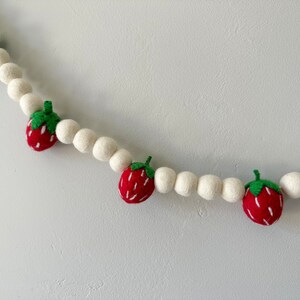 Customizable Strawberry Garland - White Felt Balls on Red Berry Banner - Summery Wall or Mantel Bunting - Summer Birthday Party Decoration