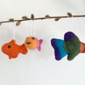 Wool Felted Fish Ornament - Smiley Felt Goldfish or Rainbow Tropical Fish - Sold Individually - Happy  DIY Crafts or Holiday Tree Baubles
