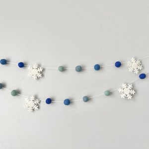 Customizable Snowflake Felt Ball Garland - Wool Felted Snow Flake Banner - Holiday Mantel Bunting - Christmas tree trimmings - Blue Ombre