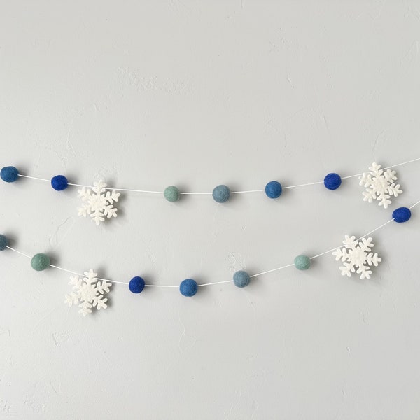Customizable Snowflake Felt Ball Garland - Wool Felted Snow Flake Banner - Holiday Mantel Bunting - Christmas tree trimmings - Blue Ombre