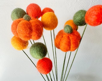 Customizable Pumpkin Harvest Felt Ball Bouquet - Custom Dark Orange Gourd Faux Fall Craspedia - Autumn Flower Decor on White or Green Stem