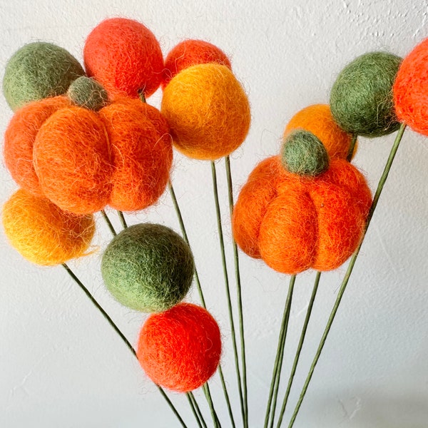 Customizable Pumpkin Harvest Felt Ball Bouquet - Custom Dark Orange Gourd Faux Fall Craspedia - Autumn Flower Decor on White or Green Stem