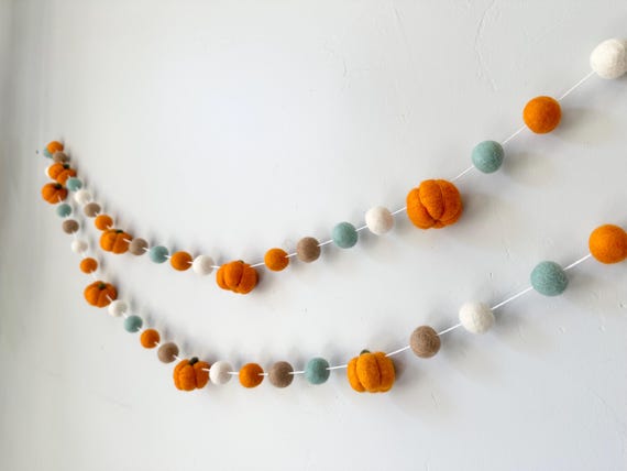Customizable Fall Felt Ball Pumpkin Garland - Felted Gourd Harvest Bunting - Autumn Banner - Light Orange Baby Blue White or Choose Colors