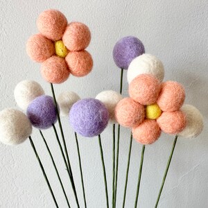 Customizable Peach Daisy Wool Bouquet - Pastel Orange Felt Ball Flowers - Choose your Colors Faux Craspedia - Garden Stems in White or Green