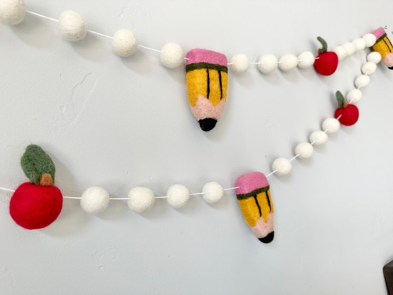 Customizable Pencil & Apple Garland - Back to School Felt Ball Banner - Classroom Party Decor - Wool Felted New Teachers Christmas Gift image 6
