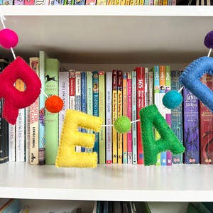 Puede incluir: Una pancarta de fieltro que deletrea "READ" en colores arco&iacute;ris con pompones colgando entre cada letra. La pancarta est&aacute; colgada frente a una estanter&iacute;a llena de libros.