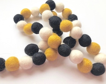 Customizable Bee Felt Ball Garland - Spring Bumble Bee Black Gold White Banner - Summer Bunting for 1st Birthday Party - Bakers Twine Option