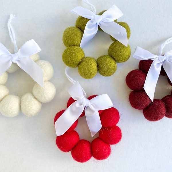 Custom Felt Ball Ornaments with White Bow - Wreath Shaped Christmas Tree - 2.5 cm Choose Your Colors Holiday Tree Decoration Baubles