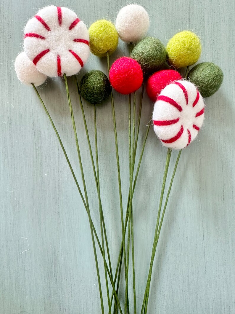 May include: A bouquet of felt ornaments in red, green, and white. The ornaments are shaped like candy canes and balls, and are attached to green stems.