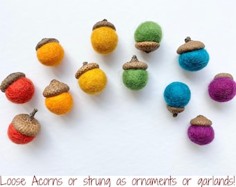 Customizable Rainbow of Wool Felted Acorns - Woodland Nursery Accent - Nature Inspired Home Decor - Bright Acorn Ornament Felt Acorn Garland