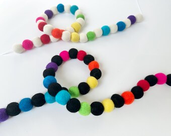 Neon Rainbow Garland w/ alternating black or white Felt Balls - Bright Wool Pom Nursery Bunting - Colorful Wall Decor for Play Room Banner