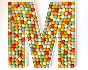 Customizable Letter M Wall Hanging or Shelf Sitter - 3 Sizes Felt Ball Letter for Nursery, Game Playroom, Kid Toy Room - Baby's Initial Art
