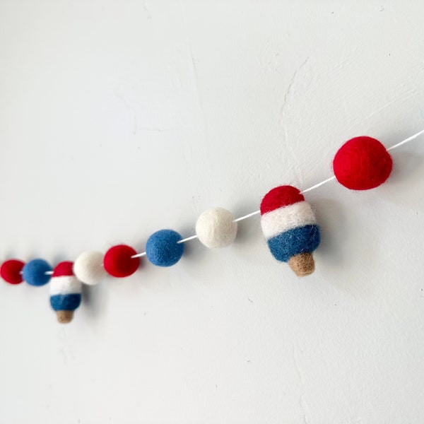 Bright Bomb Pop Garland - Red White and Blue Felt Ball Popsicle Banner - Summer Tiered Tray - Amerca's Birthday Party Decor - 4th of July