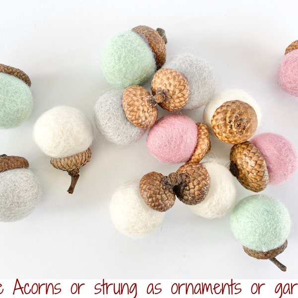 Pastel Felted Wool Acorn Sets - Choose from Acorns, Acorn Ornaments, Acorn Garland - Pink White Mint Gray Felt Woodland Girls Nursery Decor