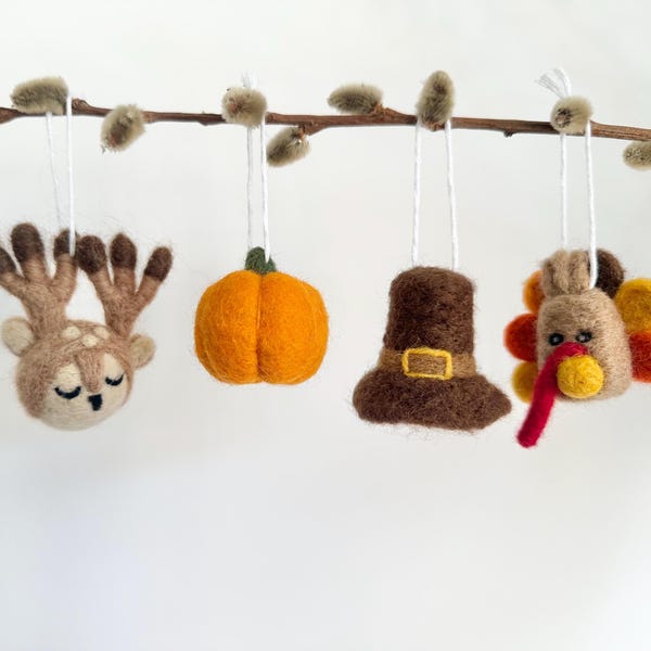 Adornos de fieltro otoñales: ciervos de fieltro de lana, sombreros de peregrino, calabazas y pavos. Calabazas en 6 colores. Decoración para Acción de Gracias o Navidad.