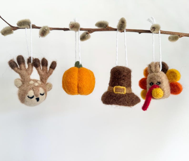 May include: Five felt ornaments hanging from a branch. The ornaments are a deer, a pumpkin, a pilgrim hat, a turkey, and a red and orange feather.