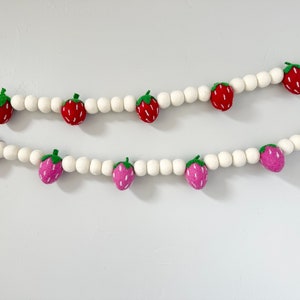 Customizable Strawberry Garland - White Felt Balls on Red or Pink Berry Banner - Wall or Mantel Bunting - Summer Birthday Party Decoration