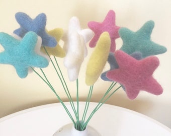 Wool Felted Star Bouquet - Super Girl floral stems - Pink Yellow White Blue Grey Red Turquoise Sapphire - Magic Celestial Magical Whimsical