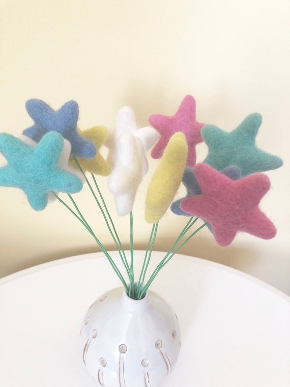Wool Felted Star Bouquet - Super Girl floral stems - Pink Yellow White Blue Grey Red Turquoise Sapphire - Magic Celestial Magical Whimsical