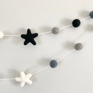 Choose Colors Black & White Star Garland - Halloween Dark Felt Ball Banner - Gray Celestial Birthday Party Decorations - Neutral Magic Stars