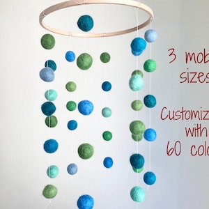 Customizable Greens and Blues Ceiling Mobile - Felt Ball Nursery Art- Gender Neutral Baby Decor - New Mom Shower gift - DIY Kit Available!